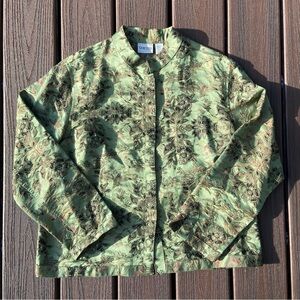 Chicos Green Silk Floral Embroidered Jacket Size 2 Elevated Boho Luxury